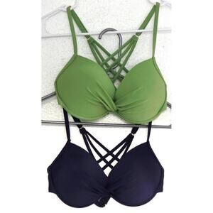 2 RELLECIGA Push Up Twist Front Underwire Bikini Tops Navy Blue Green Size Small